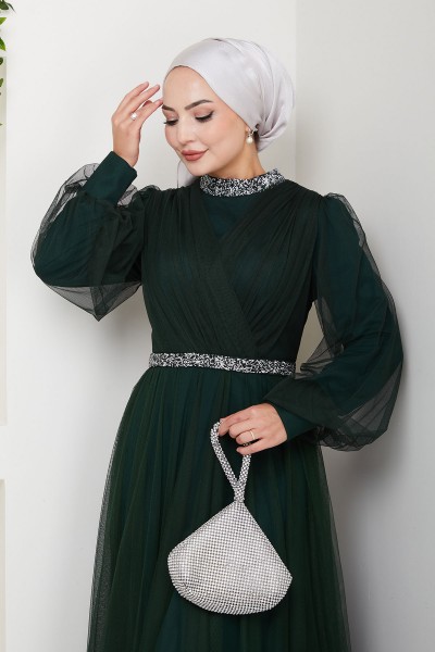 Yaka ve Bel Taş Detaylı Büyük Beden Tesettür Abiye Esna - Zümrüt